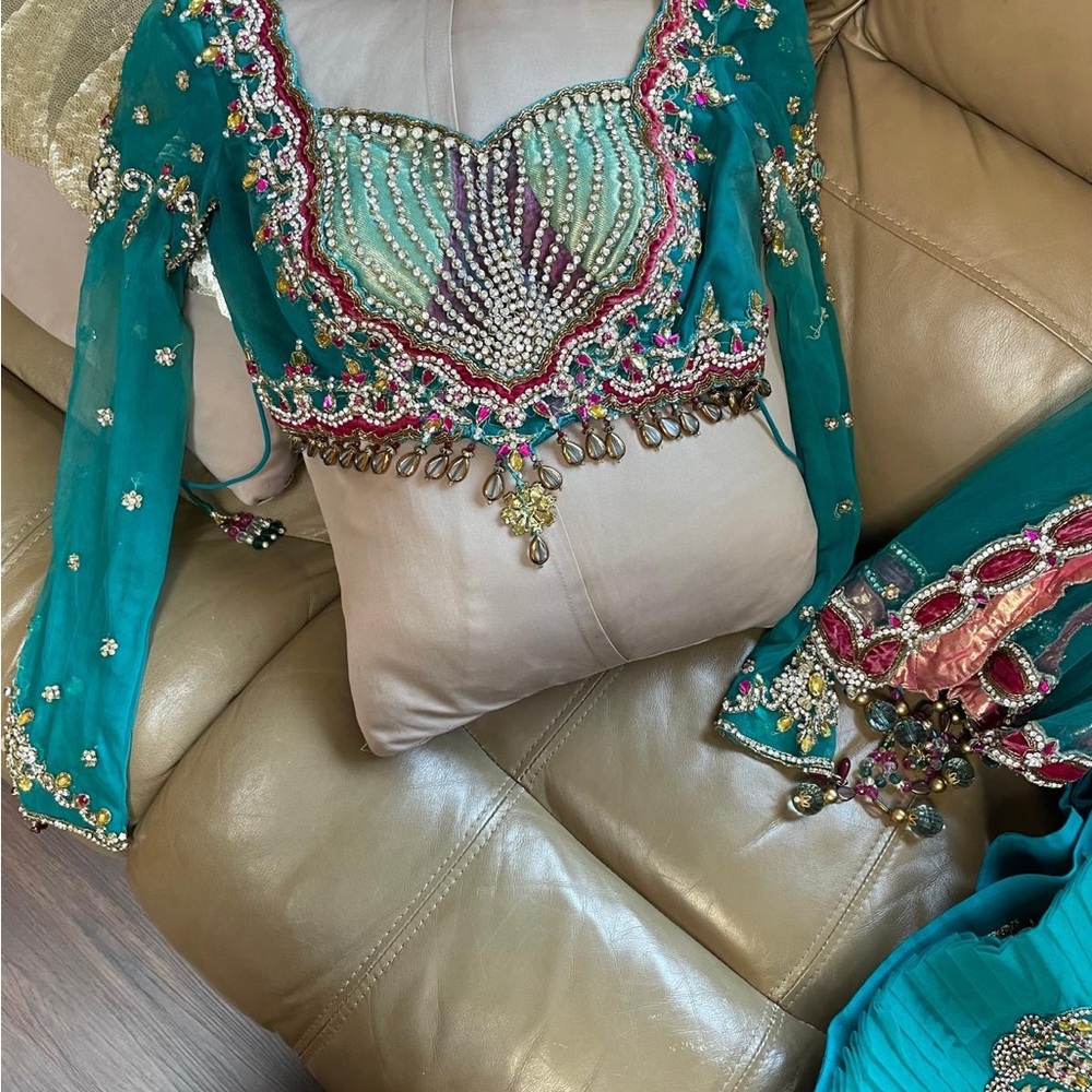 Embellished Teal and Pink Top Lengha - Picture 7 of 13